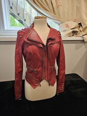 Vintage Pretty Attitude Red Studded Vegan Leather Moto Jacket - Women